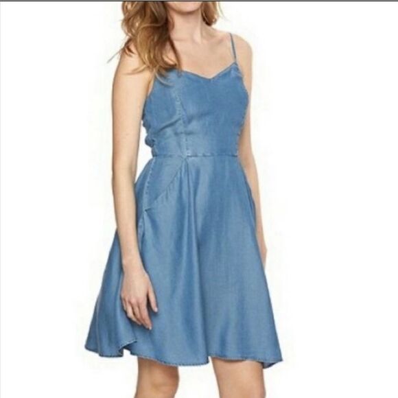 LC Lauren Conrad Chambray Denim Sundress Sz Small Spaghetti Strap Open Back Fit - Picture 1 of 8